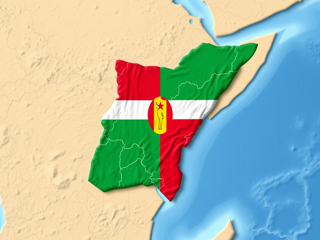 Generate a high-quality image of the Central African Republic map with its flag colors, using a DSLR camera with a 50mm lens, aperture f/8, ISO 100, shot from a top-down aerial view, in a vibrant and clear graphic style.