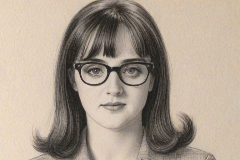 Lovely Mara Wilson, pencil sketch, portrait of Superb woman 1959s in glasses, hair style beatnik, outline, clear lines, fine lines, 8k