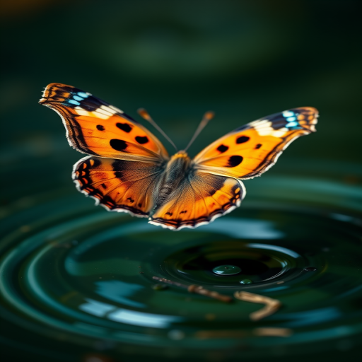 A close-up shot of a butterfly with vibrant orange and blue patterns hovering above swirling blue water, captured with a DSLR camera, 50mm lens, f/2.8 aperture, ISO 100, shutter speed 1/200s, using a macro photography style for enhanced details and clarity.