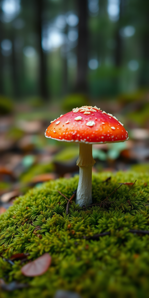 A vibrant red toadstool mushroom on a mossy ground with a blurred forest background, shot with a Canon EOS 5D Mark IV at f/2.8, 1/125 sec, ISO 100, using a 50mm lens in a shallow depth of field.