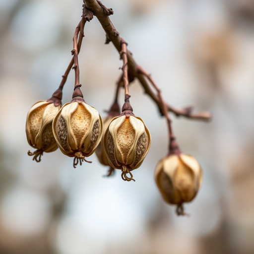 Capture a close-up shot of dried seed pods hanging from a branch with a blurred background, using a Canon EOS R5, 85mm f/1.2 lens, aperture at f/2.8, shutter speed of 1/250s, ISO 200, natural lighting for enhanced texture and detail.