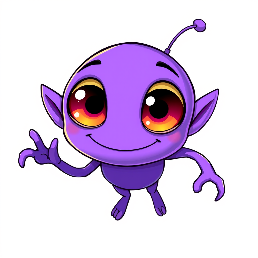 Create an illustration of a purple alien character with large eyes, a quirky smile, and cartoonish limbs, in a bright and colorful style with a white background, using a digital drawing tablet with a resolution of 300 DPI, focused on vibrant colors and clean outlines, captured at a high-angle view with soft lighting.