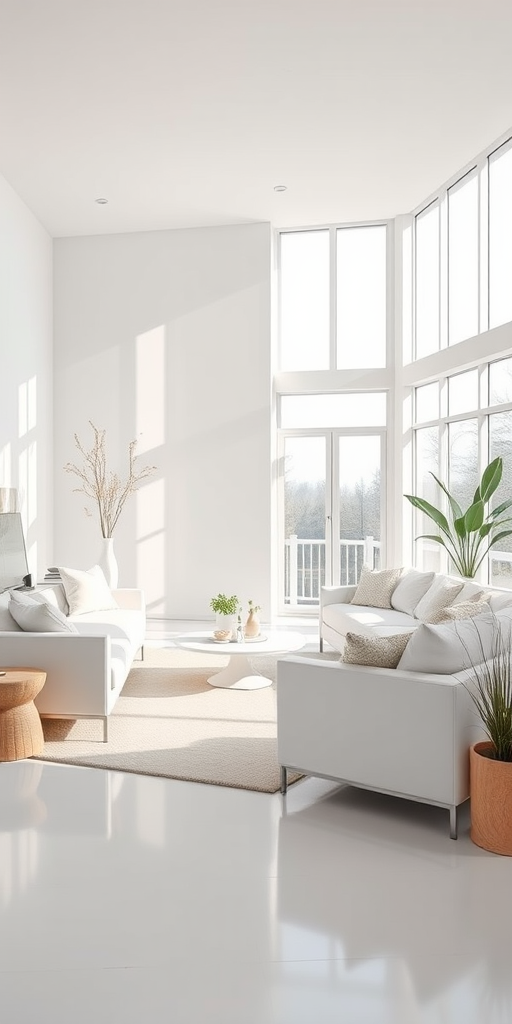 interior living room with modern white furniture, large windows letting in natural light, minimalist design, soft textures, bright and airy atmosphere, captured with a DSLR camera, 24mm lens, aperture f/2.8, ISO 200, shutter speed 1/100s, soft daylight lighting