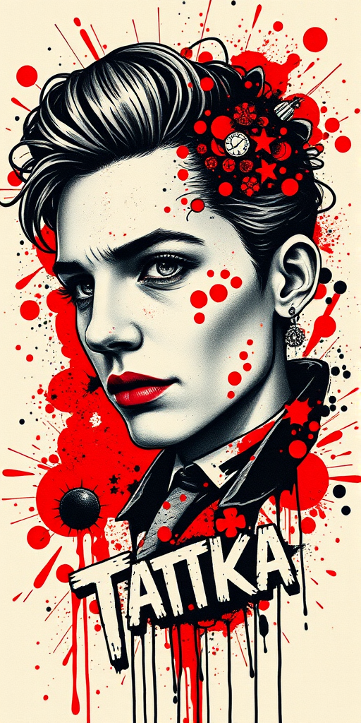 Striking trash polka tattoo combining realistic portraits with abstract elements, utilizing bold red and black ink splatters, typography, and geometric shapes for a chaotic yet harmonious composition