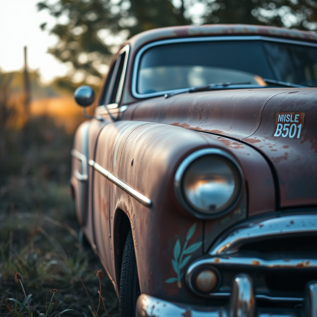 Regenerate an image of a vintage rusty car in an outdoor setting, captured with a Canon EOS R5, 35mm lens, f/2.8 aperture, 1/200 sec shutter speed, ISO 100, in soft morning light with a shallow depth of field for enhanced focus on the car details.