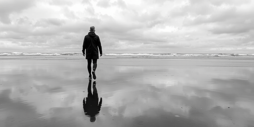 generate a high-contrast black and white image of two people walking on a wet beach during a cloudy day, capturing their reflections on the water, using a full-frame camera with a 50mm lens, aperture set to f/1.8, shutter speed at 1/500s, ISO 100, shot from a low angle to emphasize the reflections and the horizon in the background