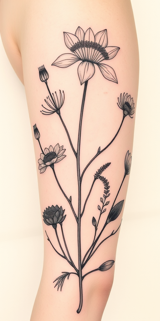 Fine line tattoo titled "Botanical Studies" featuring highly detailed scientific illustrations of various plant species with delicate linework and subtle shading reminiscent of vintage botanical drawings