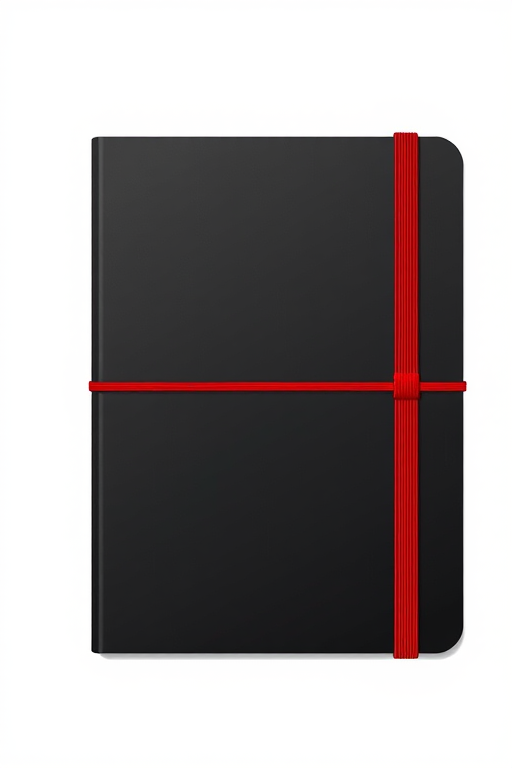 Create an illustration of a black textured notebook with a red elastic band, shot in 50mm lens, aperture f/2.8, ISO 100, natural light, front three-quarter view, high detail, realistic style.
