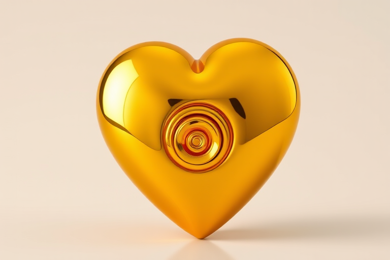 Generate a high-resolution image of a spiraled golden heart with glossy reflections against a neutral background, using a DSLR camera with a 50mm lens, aperture at f/2.8, ISO 100, and shot from a slight above angle to emphasize depth and texture.
