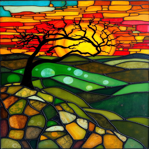 A vibrant abstract painting on Tiffany Glass, blending acrylic and alcohol ink techniques, captures a dramatic sunset over rolling hills. The artwork features a textured, rocky foreground in green and brown, layered abstract hills, and a striking sunset in rich oranges, yellows, and reds. A solitary black tree with intricate branches contrasts against the fiery sky, creating a dynamic and expressive portrayal of a breathtaking natural scene.