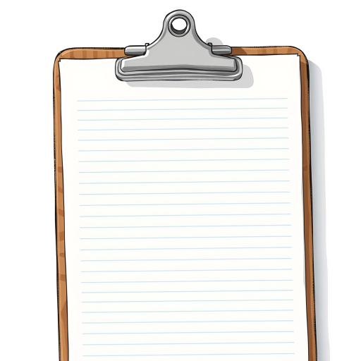 Create a detailed illustration of a clipboard with a clean sheet of lined paper, using a DSLR camera with a 50mm lens, aperture set to f/2.8, ISO 100, natural lighting with a shallow depth of field, shot from a slightly elevated angle to capture the clipboard's texture and design.