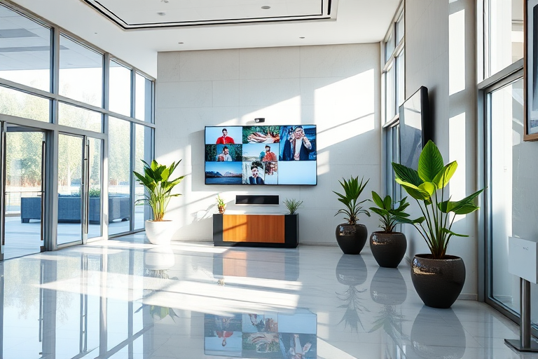interior of a modern foyer with large windows and polished marble floors, three flat-screen displays on the wall showing various images, lush green plants in pot, natural light flooding in, shot with a Canon EOS 5D Mark IV, aperture f/4.0, ISO 100, shutter speed 1/60 sec, wide-angle lens 24mm, HDR photography for enhanced detail and color vibrancy