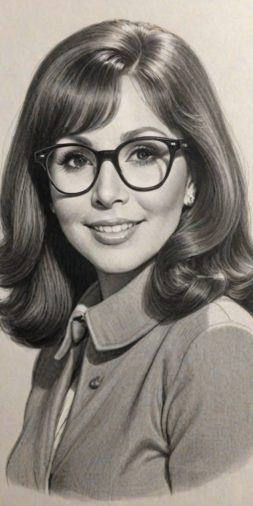 Pleasing Marlo Thomas, pencil sketch, portrait of Enchanting woman 1944s in glasses, hair style beatnik, outline, clear lines, fine lines, 8k