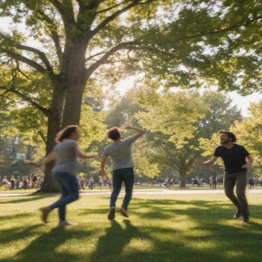 Blurry, candid photo of a group of friends playing frisbee in a park, laughter frozen in the moment, sunlight filtering through the trees, shadows stretching across the grass, a soft breeze rustling the leaves, the distant sound of birds chirping.