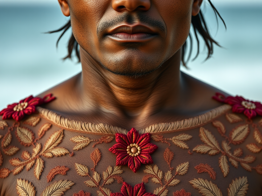 Face, shoulders, chest covered in openwork Pacific Islander embroidery. Raw, unedited image.