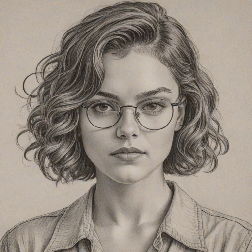 Enticing Camren Bicondova, pencil sketch, portrait of Pleasing woman 1938s in glasses, hair style beatnik, outline, clear lines, fine lines, 8k