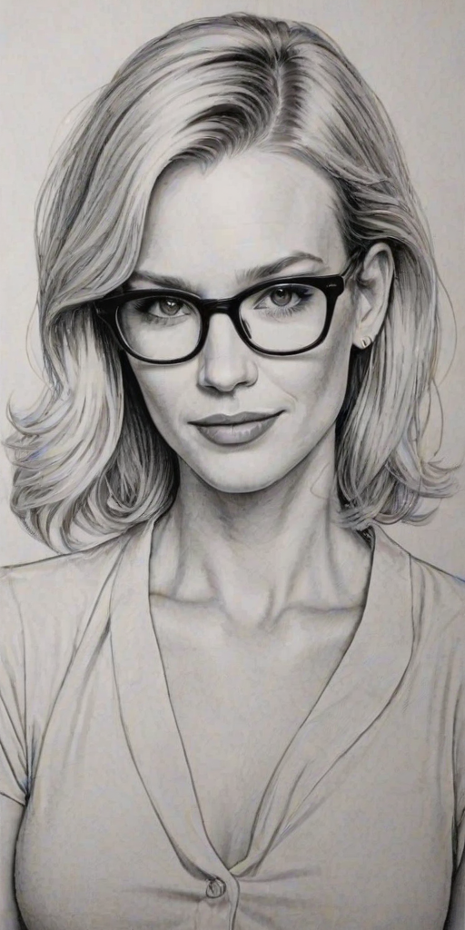 Stunning January Jones, pencil sketch, portrait of Comely woman 1971s in glasses, hair style beatnik, outline, clear lines, fine lines, 8k