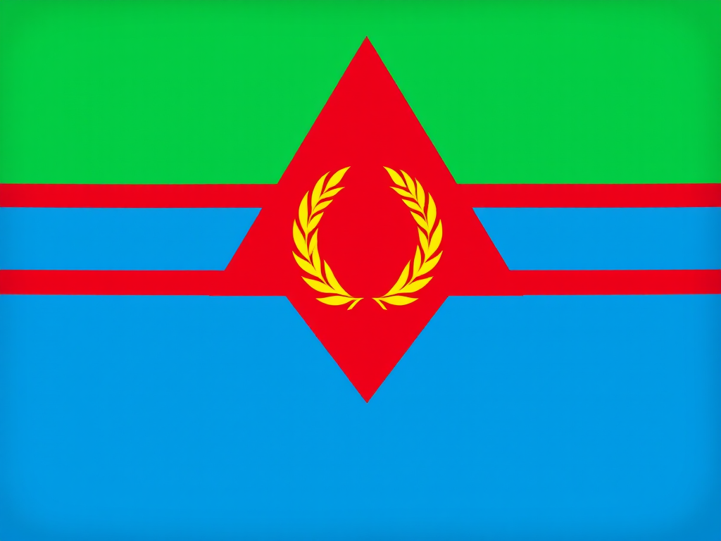 Create a high-resolution image of the Eritrean flag featuring a green triangle at the top, a red triangle in the middle with a yellow olive branch emblem at the center, and a blue triangle at the bottom, using a DSLR camera with a 50mm lens, aperture set to f/8, ISO 100, and a shutter speed of 1/200s, captured from a straight-on perspective.