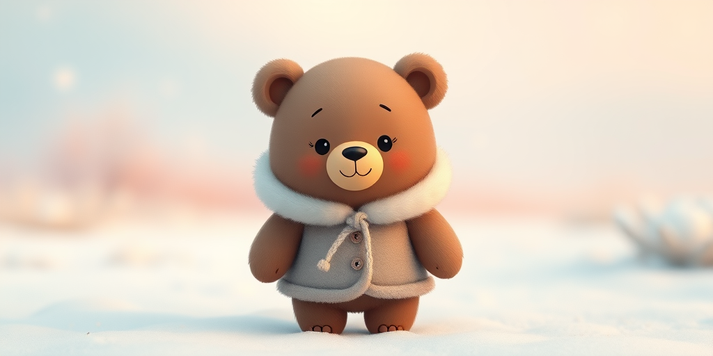 Create a cute cartoon bear character wearing a fluffy coat, standing in a snowy landscape with soft pastel colors in the background, shot with a DSLR camera at f/2.8 aperture, ISO 100, with a 50mm lens, using a shallow depth of field for a dreamy effect.