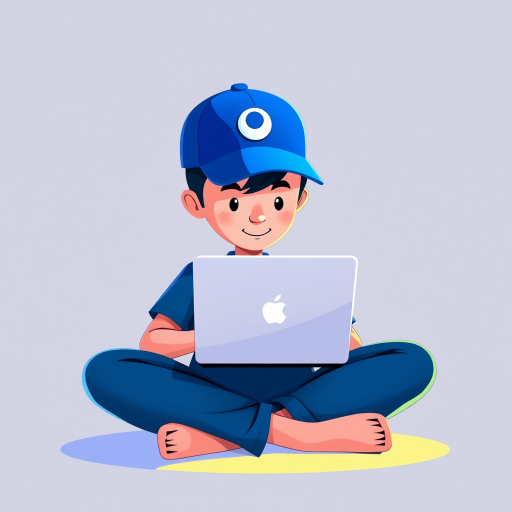 Create an illustration of a person sitting cross-legged with a laptop, wearing a blue cap with a circular emblem, in a modern cartoon style, with soft lighting and vibrant colors, using a Canon EOS R camera with a 50mm lens at f/2.8, ISO 100, and a wide-angle view.