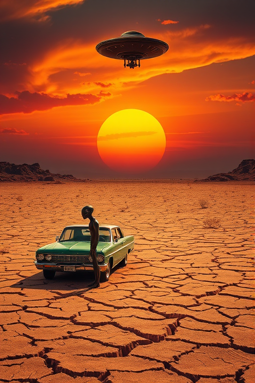 Create a surreal landscape with a cracked dry earth background under a dramatic sunset, featuring a humanoid alien standing near a vintage car, with a UFO hovering above, focus on vibrant colors and sharp detail, use a wide-angle lens at f/8, ISO 100, and a shutter speed of 1/250s to enhance clarity and depth.