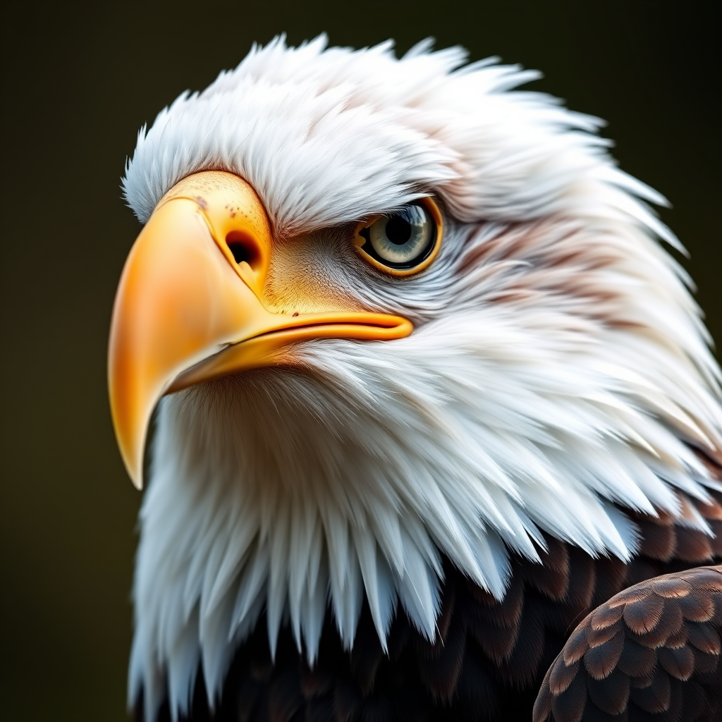 Create a highly detailed close-up portrait of a bald eagle with a sharp focus on its eyes and beak, using a DSLR camera, 85mm lens, f/1.8 aperture, ISO 200, and a shallow depth of field for a blurred background while maintaining vibrant colors and high contrast.