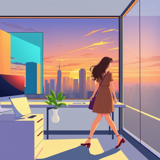 Create a vibrant illustration of a woman walking past a modern desk with a computer, an illustration of city buildings and a sunset sky reflected in a large mirror, with a green plant on the desk, using a digital art style, 300 dpi resolution, wide-angle view, lens: 50mm, f/8 aperture, soft focus background.