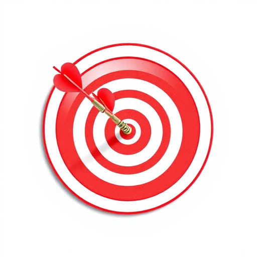 create a high-resolution vector illustration of a dart hitting the center of a red target with a clean white background, using a professional-grade camera with a 50mm lens set to f/4 aperture, ISO 100, and a shutter speed of 1/125s for sharp focus and vibrant colors.