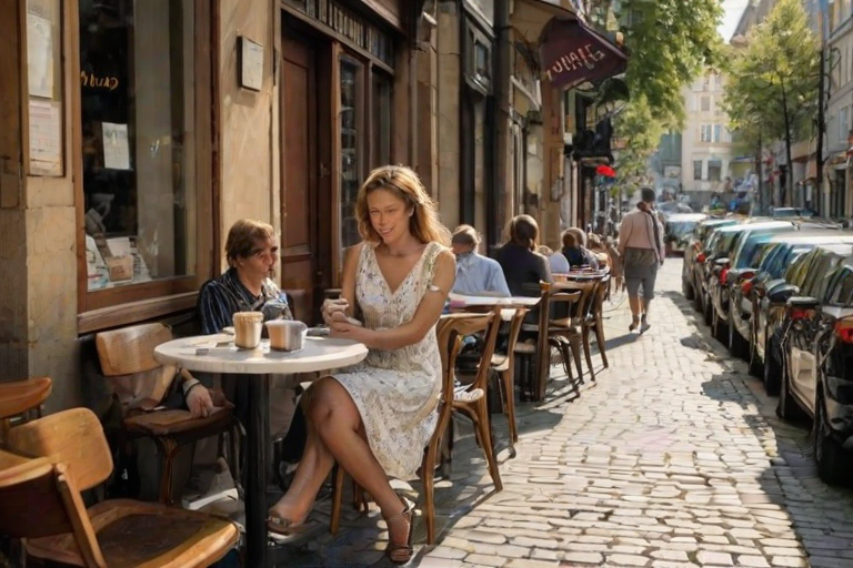 Bustling cafe in a European city, with small tables scattered along the sidewalk, a woman in a light summer dress sips her coffee, watching passersby as the afternoon sun casts long shadows on the cobblestones.