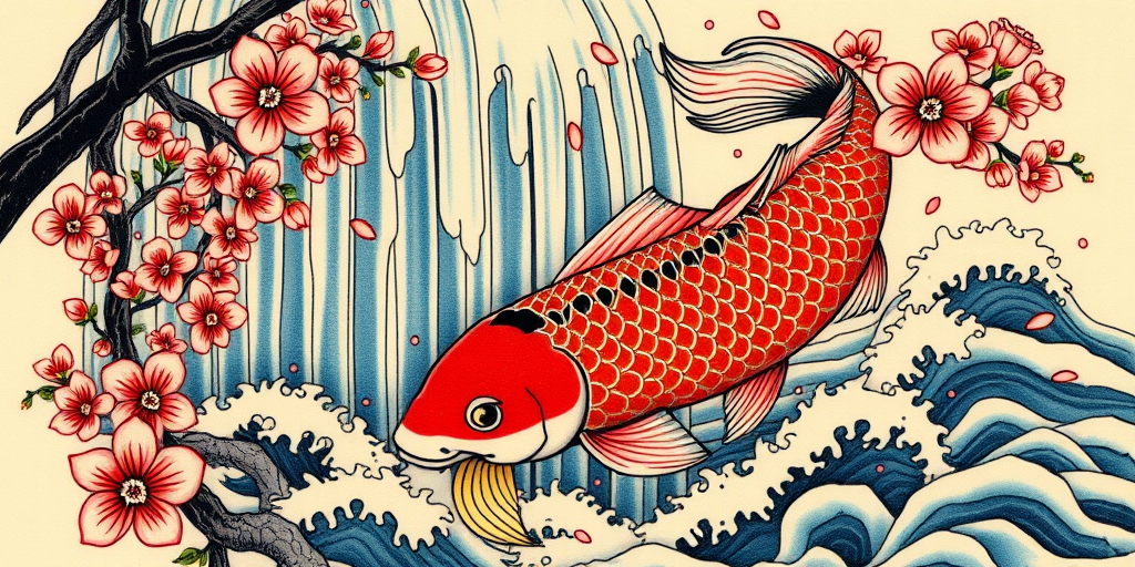 Japanese-inspired irezumi tattoo named "Koi Ascension" depicting a large, colorful koi fish swimming up a cascading waterfall, surrounded by cherry blossoms and traditional wave patterns