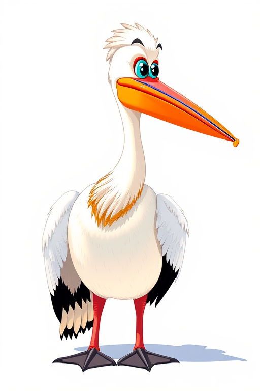 Create a vibrant illustration of a cartoon pelican with a large red bill, standing upright with a bright white body and intricate feather details, shot with a DSLR camera at f/2.8 aperture, ISO 100, 50mm lens, in natural light, focusing on a clean, uncluttered background for enhanced clarity and color.