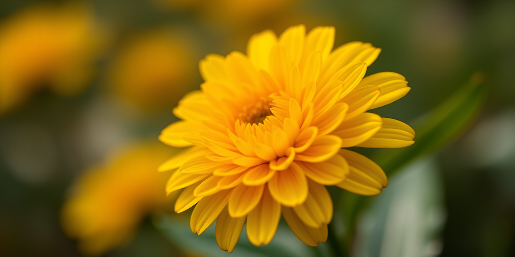 Regenerate the image of a vibrant yellow flower with layered petals in a soft-focus background, using a DSLR camera, 50mm lens, f/1.8 aperture, ISO 200, and a shallow depth of field to create a dreamy effect.