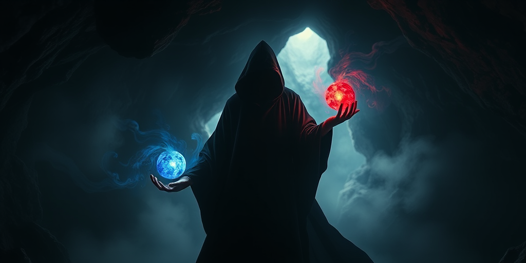 Generate an image of a mysterious figure in a dark, mystical cave, wearing a flowing black robe, with glowing red and blue orbs in each hand, surrounded by swirling mist and ethereal light, captured with a DSLR camera at f/1.8, ISO 100, 50mm lens, in low-light with a dramatic backlight effect.