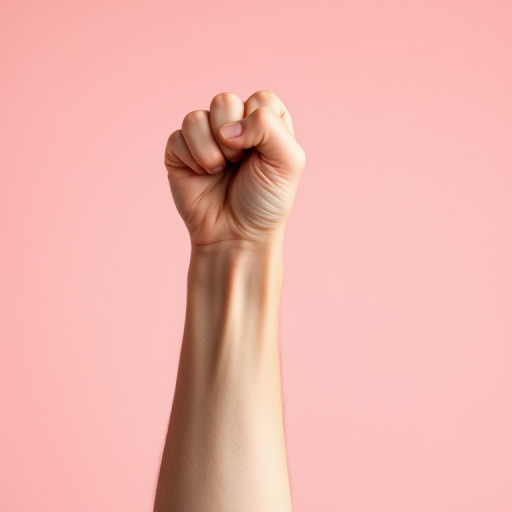 Generate an image of a raised fist in a strong and defiant pose against a solid color background, using a DSLR camera with a 50mm lens, f/1.8 aperture, ISO 200, and a shallow depth of field to enhance focus on the fist while softly blurring the background.