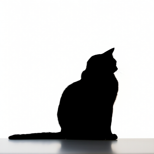 Regenerate the image of a simple black silhouette of a cat sitting, captured with a Canon EOS R5 camera, 50mm lens, f/1.8 aperture, ISO 100, natural light, shallow depth of field, with a clear view focused on the silhouette against a neutral background.
