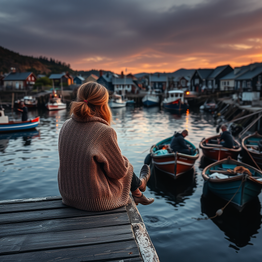 Old fishing village at dawn, boats bobbing gently in the harbor, a woman in a woolen sweater sits on the dock, her feet dangling over the edge as she watches the fishermen prepare for the day ahead.