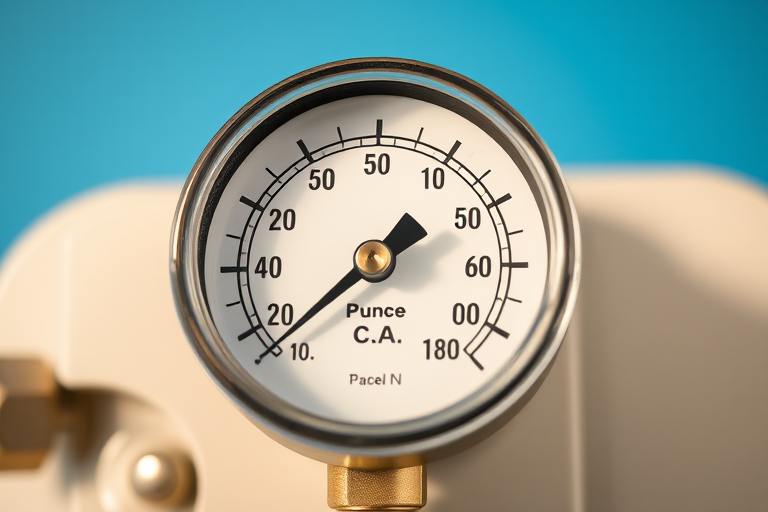 Create a high-resolution image of a pressure gauge with a clear blue background, using a Canon EOS R5 camera, 50mm lens, f/2.8 aperture, ISO 100, and a 1/125 sec shutter speed, ensuring a detailed and sharp focus.