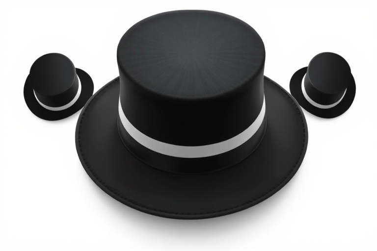 Create a high-resolution vector illustration of a classic black top hat with a white band, using a DSLR camera at f/2.8 aperture, 50mm lens, and 1/200s shutter speed to capture fine details and smooth gradients, in a studio setup with softbox lighting for an even, flattering illumination, top-down angle to emphasize the hat's shape and texture.