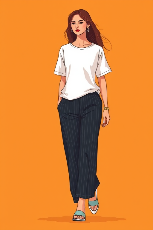 Create an illustration of a woman walking confidently, wearing a casual oversized white t-shirt and wide-legged striped pants in dark tones, against a warm orange background, using a soft focus effect, with a 50mm lens, f/2.8 aperture, and a slight vignette for enhanced depth.