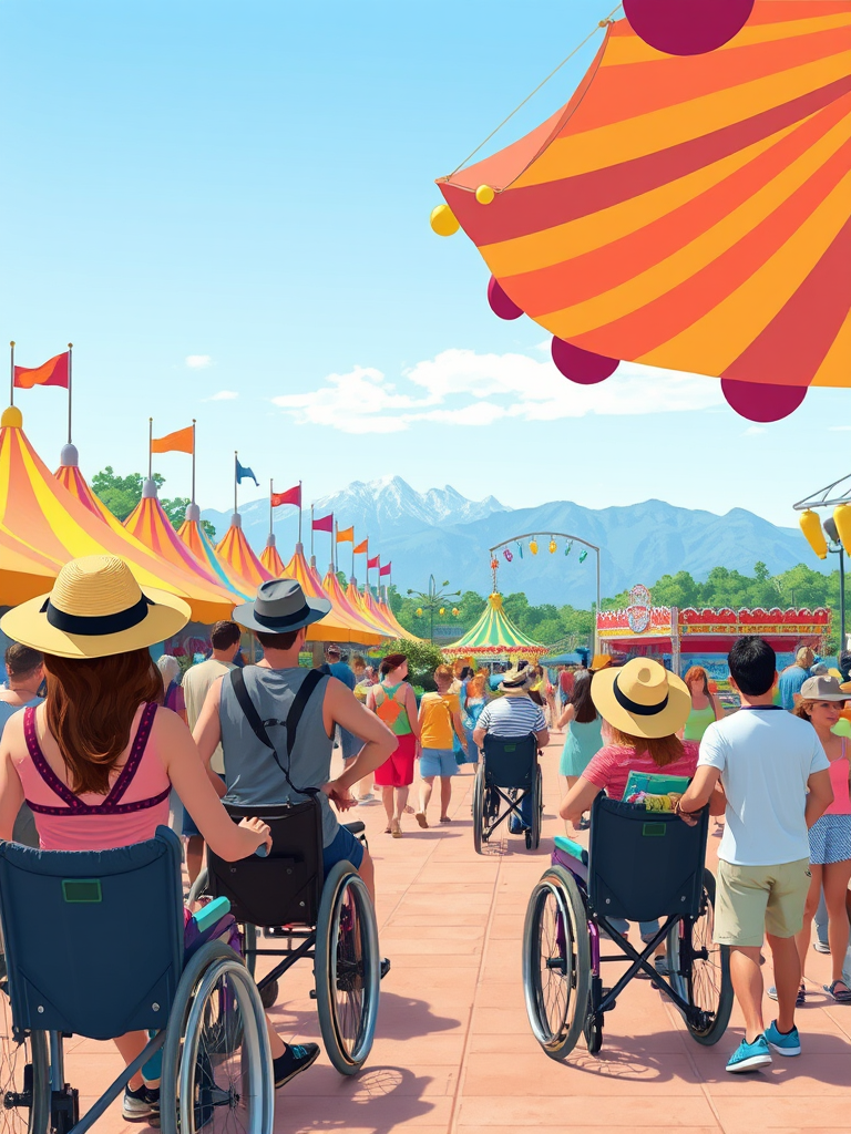 Create an illustration of a vibrant amusement park scene with diverse visitors including people in wheelchairs, wearing sun hats, and enjoying attractions, with colorful tents and mountains in the background, captured with a 50mm lens, f/2.8 aperture, ISO 100, bright daylight, and a slightly elevated view for better depth.