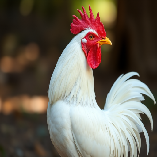 Regenerate the image of a white rooster standing proudly in profile, using a DSLR camera with a 50mm lens, aperture f/2.8, ISO 100, natural light, shallow depth of field, and a slight upward angle for enhanced detail and vibrant colors.
