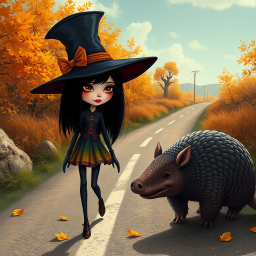 digital art fantasy depicting a strange girl with black hair, long eyelashes, orange lipstick and a tall hat walking along a winding road on an autumn afternoon, an armadillo smiles as he passes
