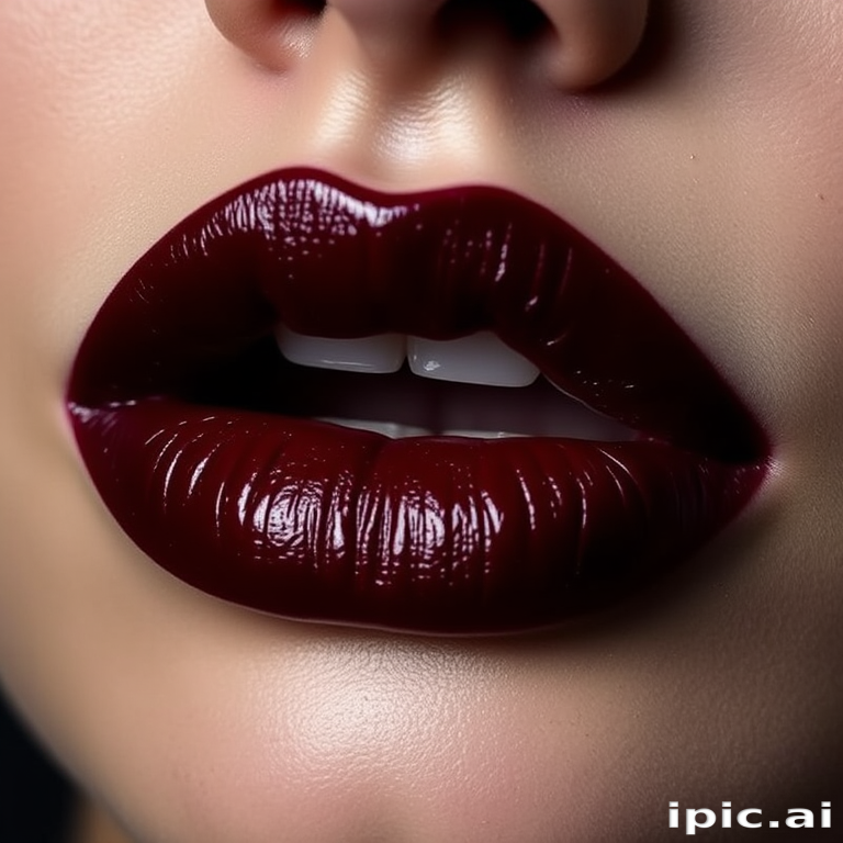 Sultry deep plum lips with a metallic sheen, enigmatic and alluring, perfect for those who dare to embrace their dark side