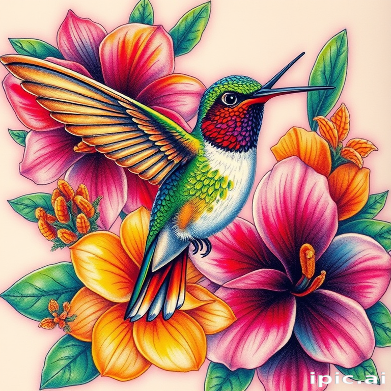 Colorful realism tattoo "Nature's Palette" portraying a vivid hummingbird in flight, surrounded by exotic flowers in a spectrum of lifelike colors and photorealistic detail