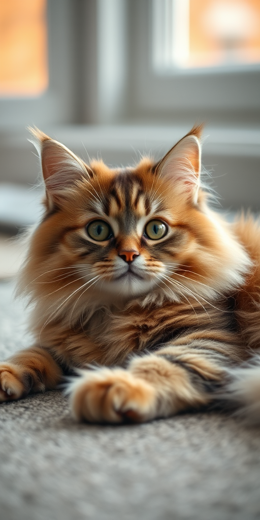 portrait of a fluffy cat lying on a textured surface, soft focus background with warm autumn colors, natural light from a window, shallow depth of field, DSLR camera, 50mm lens, aperture f/1.8, ISO 200