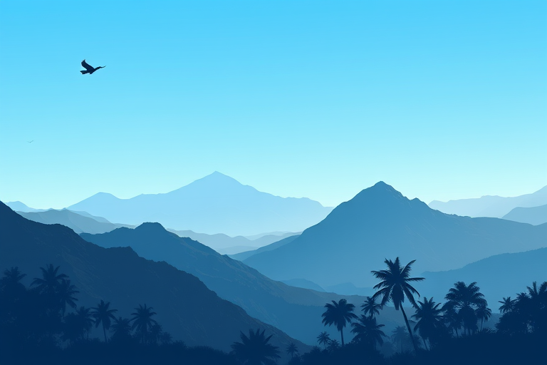 Create a serene landscape illustration featuring layered mountain silhouettes, with a gradient sky transitioning from blue to light blue, including flying birds and tropical trees in the foreground; use a digital camera with a 35mm lens at f/8 aperture, a focal length of 24mm, and an ISO setting of 100 to capture sharp details and vibrant colors.