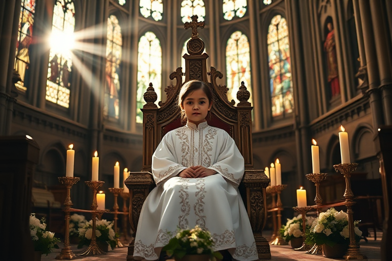 Generate an image of a serene young girl in an ornate white robe seated on a throne in a grand cathedral, with sunlight streaming through stained glass windows, surrounded by lit candles and floral arrangements, captured with a Canon EOS R5, 50mm lens, f/1.8 aperture, 1/200s shutter speed, and ISO 100 for enhanced clarity and depth.