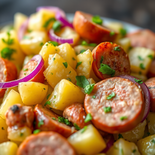 capture a vibrant close-up of a hearty potato salad with sliced sausages, garnished with red onions and fresh herbs, natural lighting, shallow depth of field, f/2.8 aperture, 50mm lens, ISO 200, soft focus background, enhance textures and colors