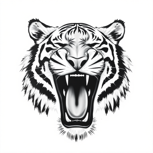 Abstract black and white acrylic portrait of an over exaggerated laughing (tiger). Minimalism style. White background.