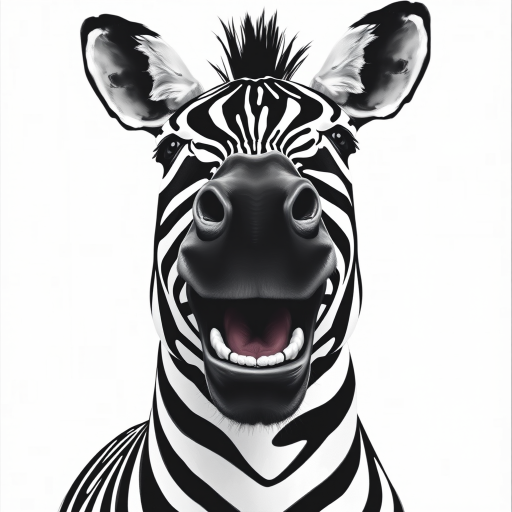 Abstract black and white acrylic portrait of an over exaggerated laughing (zebra). Minimalism style. White background.